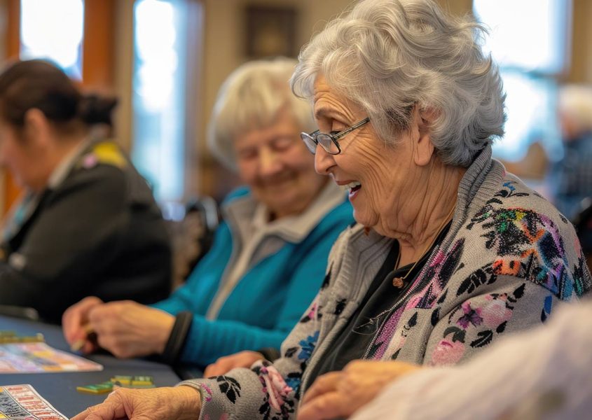 Joyful Bingo Night at Nursing Home with Residents Engaged in Friendly Competition